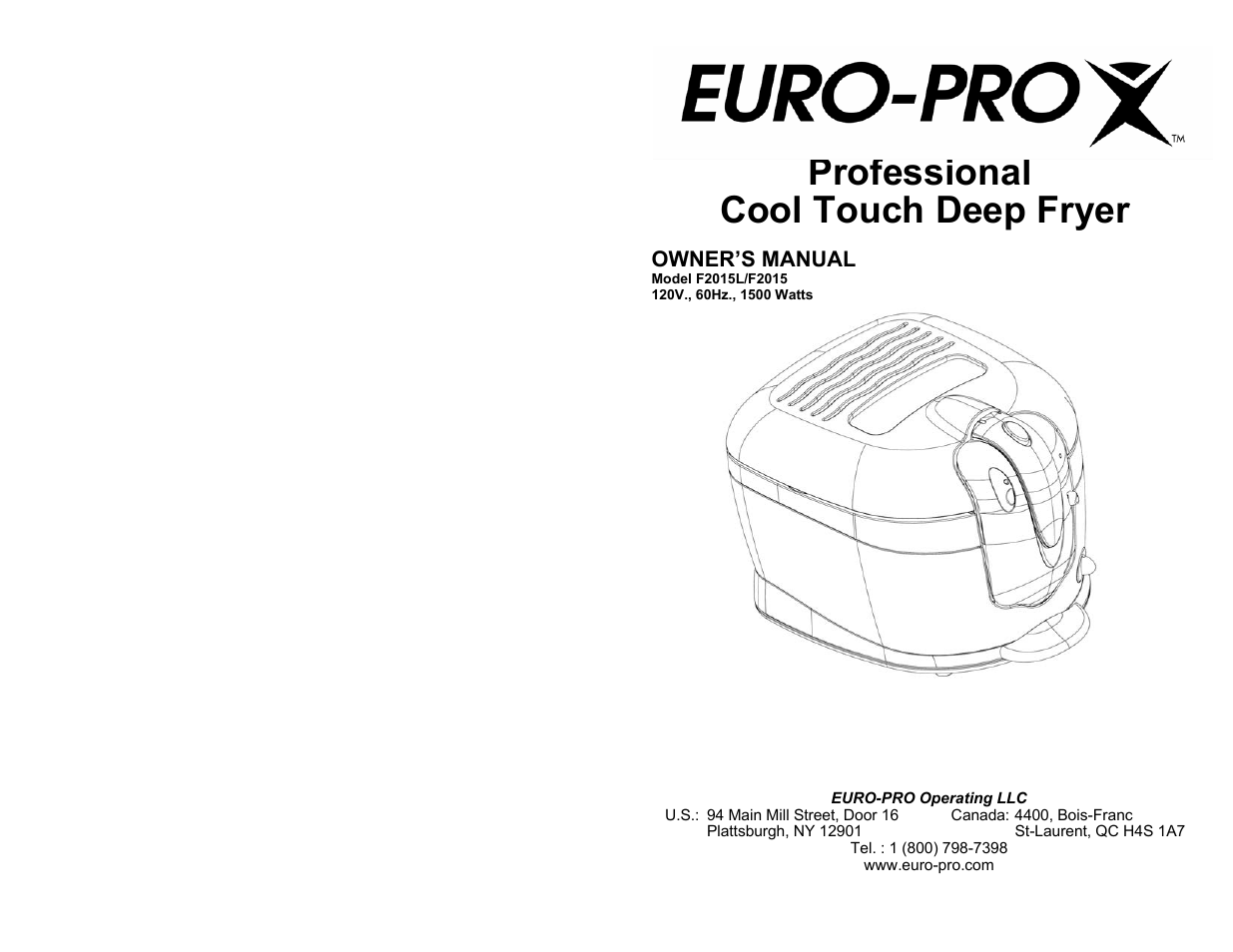 Euro-Pro PROFESSIONAL COOL TOUCH DEEP FRYER F2015L User Manual | 6 pages