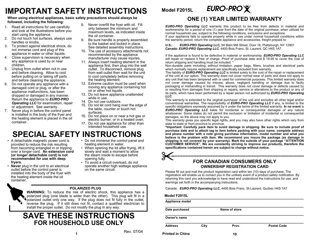 Important safety instructions, Special safety instructions, Save these instructions | For household use only, One (1) year limited warranty, For canadian consumers only, Model f2015l | Euro-Pro PROFESSIONAL COOL TOUCH DEEP FRYER F2015L User Manual | Page 2 / 6