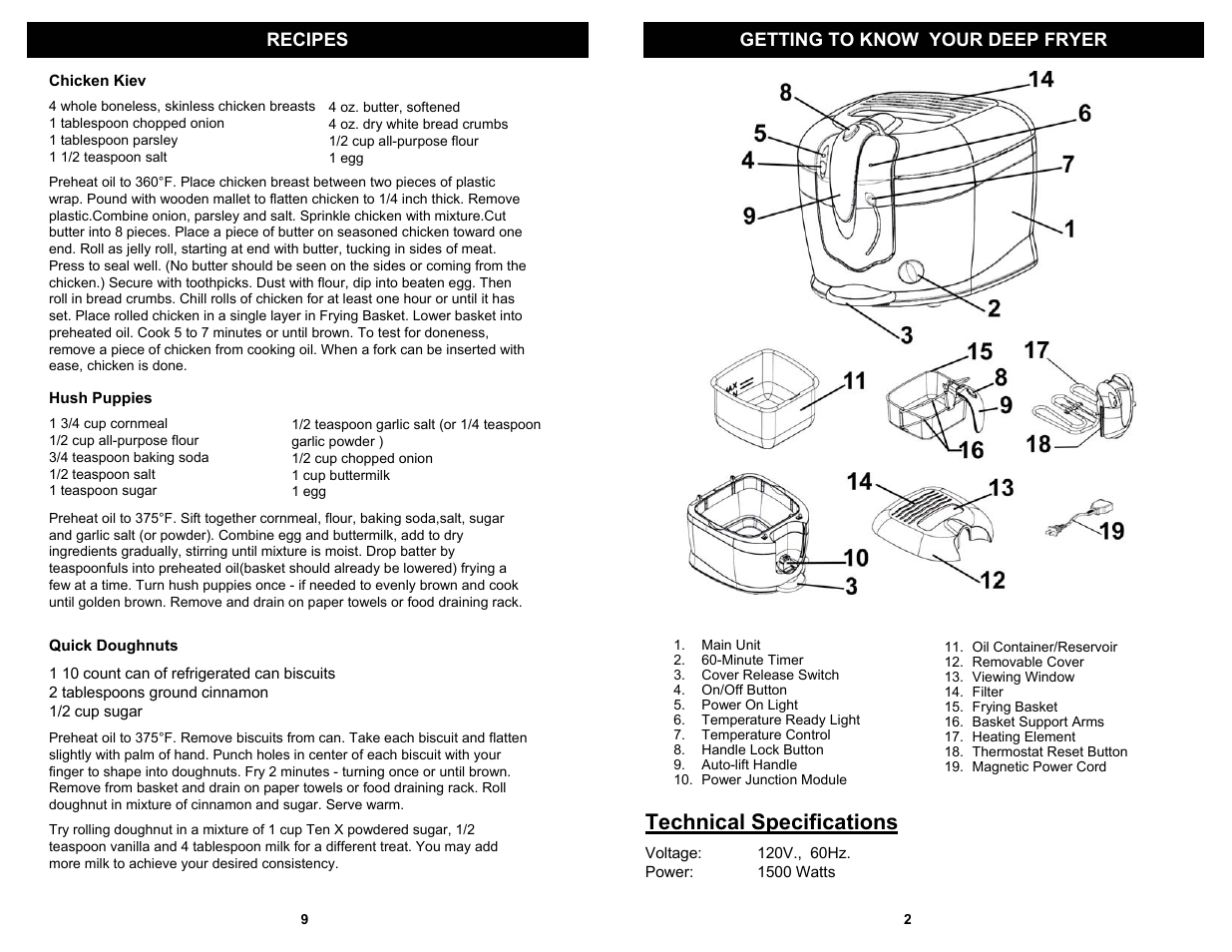 Technical specifications | Euro-Pro PROFESSIONAL COOL TOUCH DEEP FRYER F2015L User Manual | Page 3 / 6