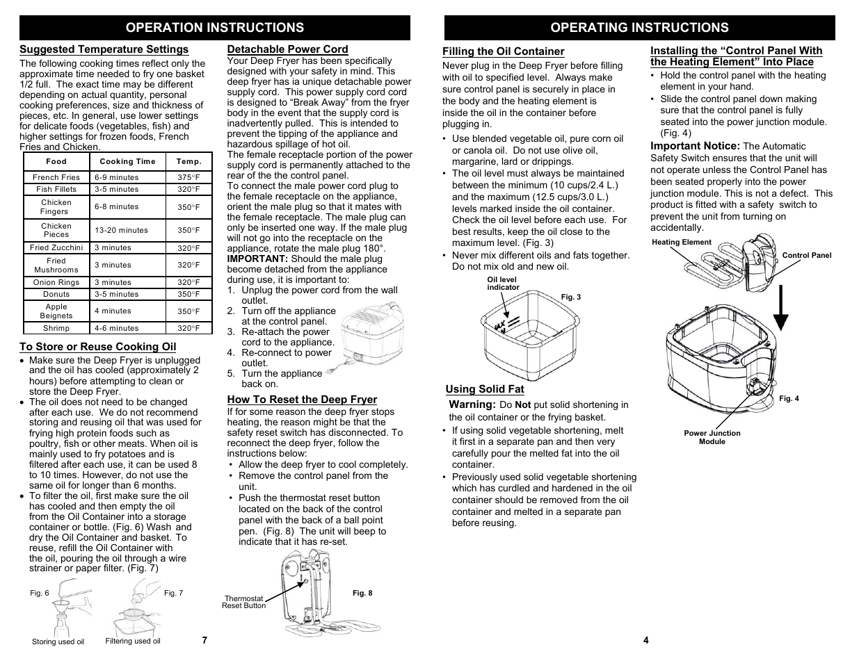 Operation instructions operating instructions | Euro-Pro PROFESSIONAL COOL TOUCH DEEP FRYER F2015L User Manual | Page 5 / 6