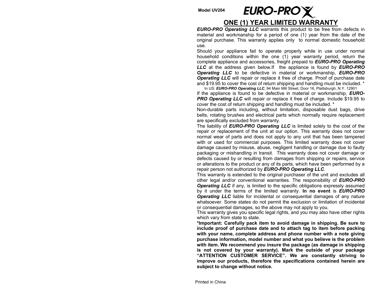 One (1) year limited warranty | Euro-Pro SHARK SPECTRA DELUXE UV204 User Manual | Page 2 / 6