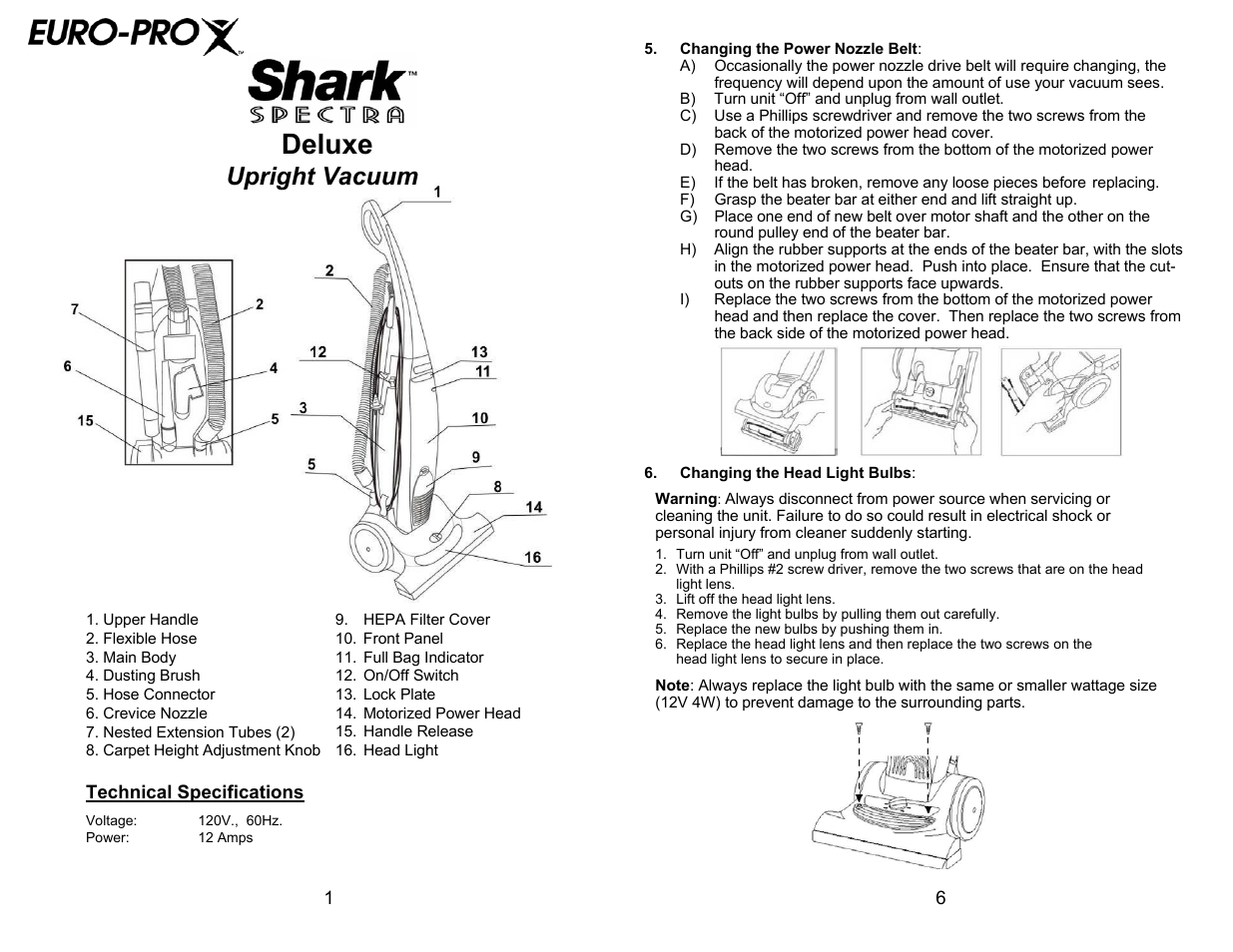 Deluxe, Upright vacuum | Euro-Pro SHARK SPECTRA DELUXE UV204 User Manual | Page 4 / 6