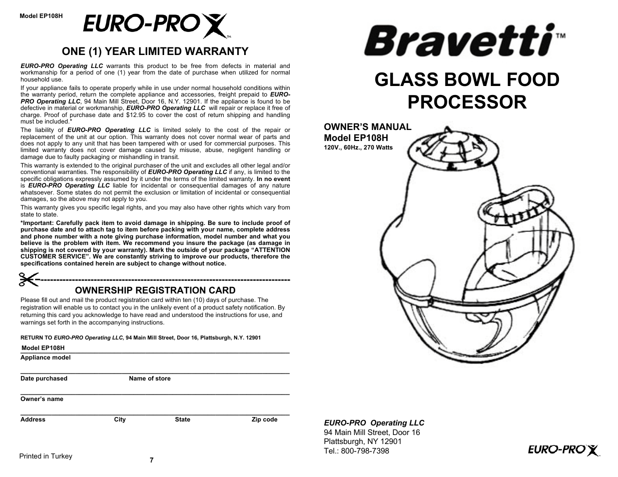 Euro-Pro GLASS BOWL EP108H User Manual | 4 pages