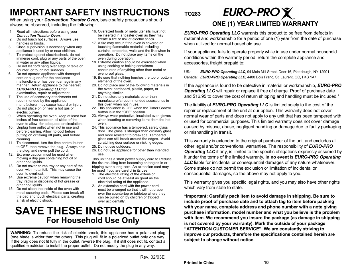 Save these instructions, Important safety instructions, For household use only | One (1) year limited warranty, To283 | Euro-Pro TO283 User Manual | Page 2 / 6