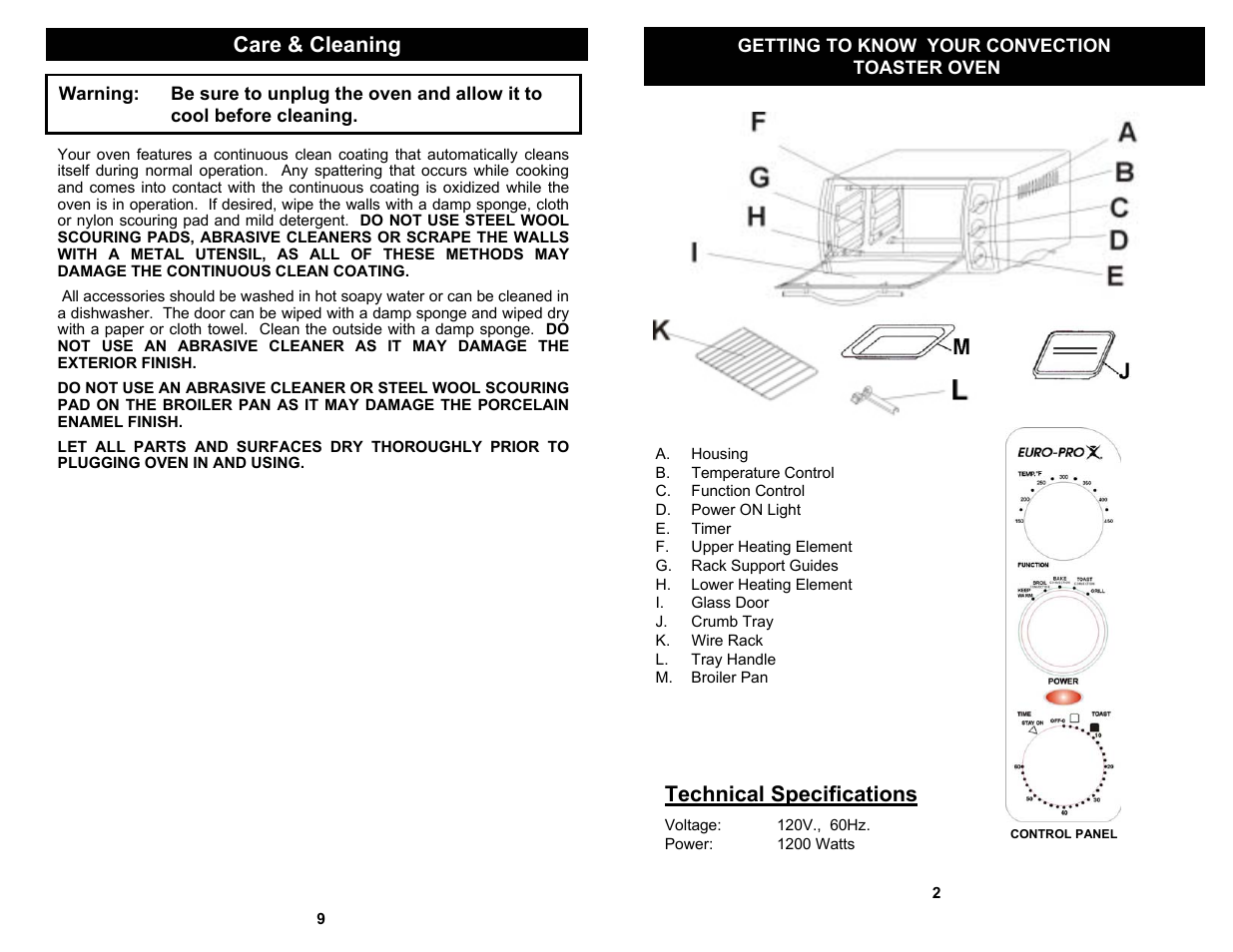 Care & cleaning, Technical specifications | Euro-Pro TO283 User Manual | Page 3 / 6