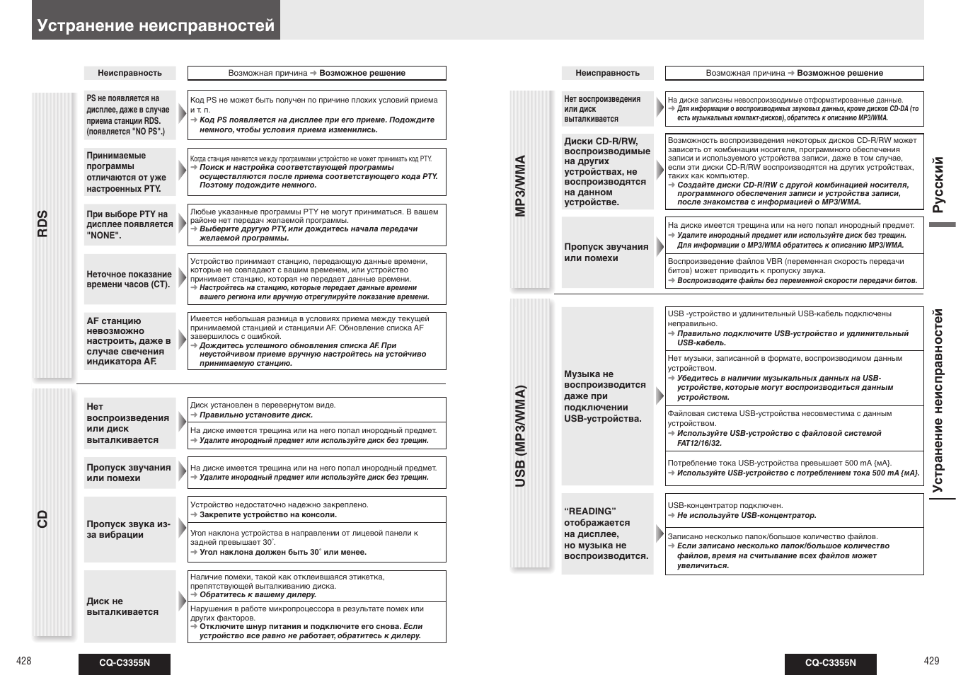 Ру сс кий, Устранение неисправностей, Mp3/wma | Rds cd, Usb (mp3/wma) | Panasonic CQ-C3355N User Manual | Page 17 / 38