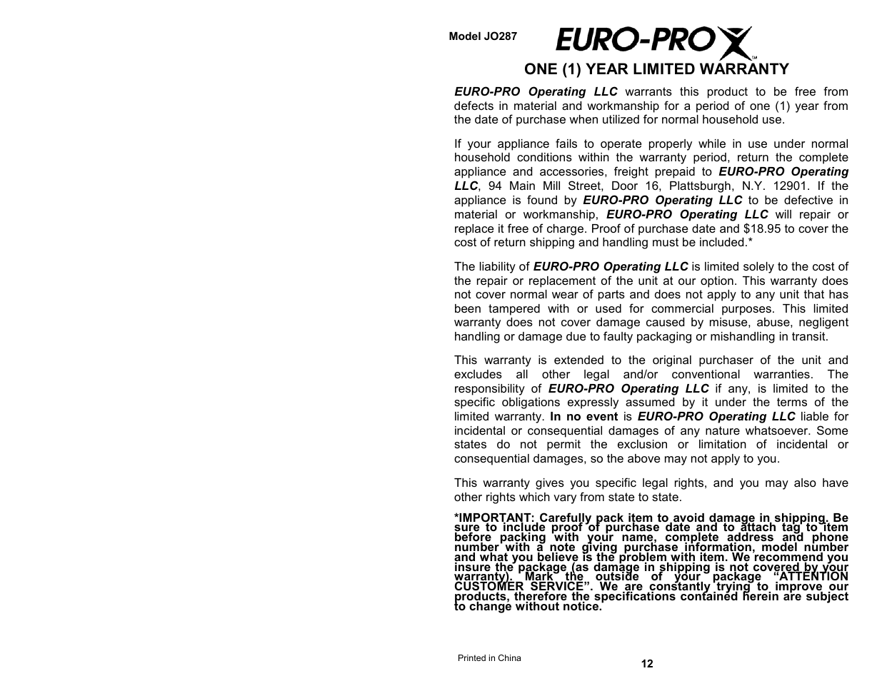 One (1) year limited warranty | Euro-Pro EUROPRO JO287 User Manual | Page 2 / 8