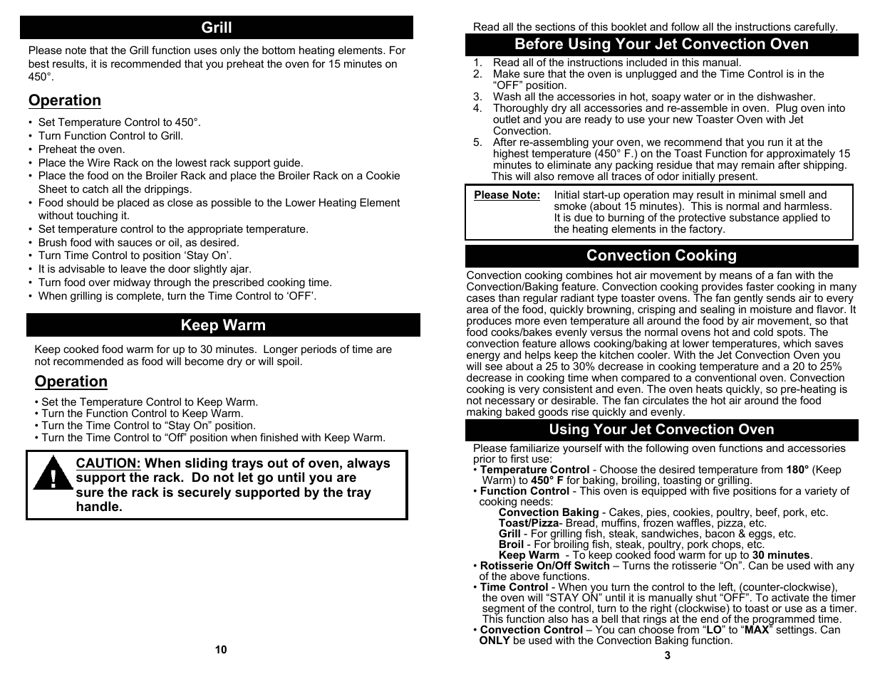 Grill, Before using your jet convection oven, Operation | Convection cooking, Keep warm | Euro-Pro EUROPRO JO287 User Manual | Page 5 / 8