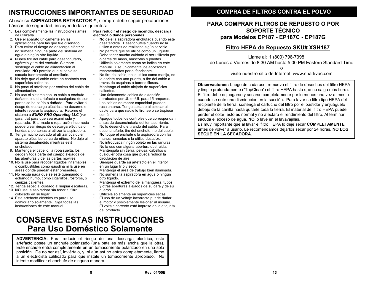 Instrucciones importantes de seguridad, Compra de filtros contra el polvo | Euro-Pro EP187 User Manual | Page 10 / 12