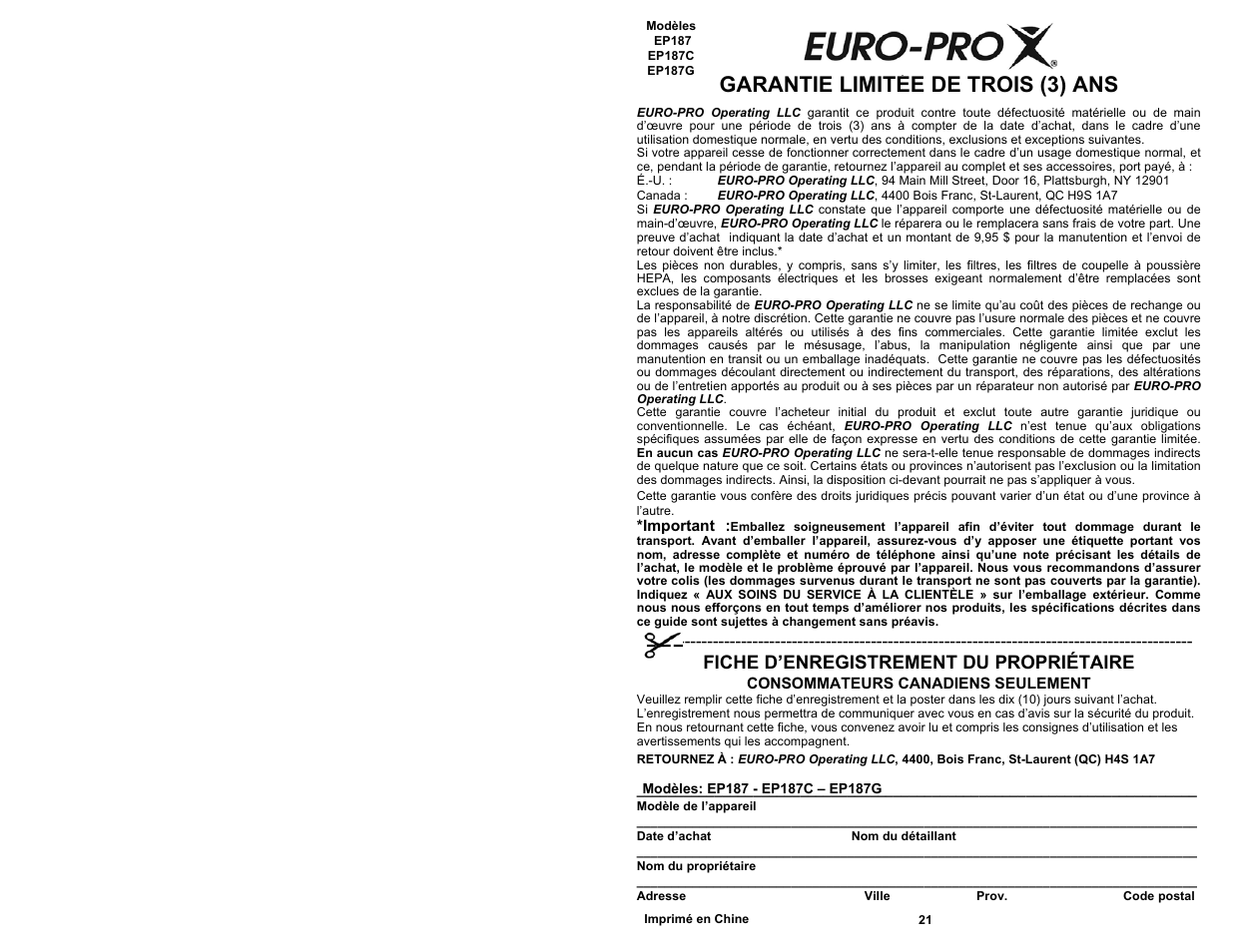 Garantie limitée de trois (3) ans, Fiche d’enregistrement du propriétaire | Euro-Pro EP187 User Manual | Page 2 / 12