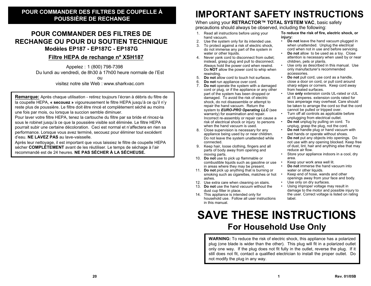 Save these instructions, Important safety instructions, For household use only | Euro-Pro EP187 User Manual | Page 3 / 12