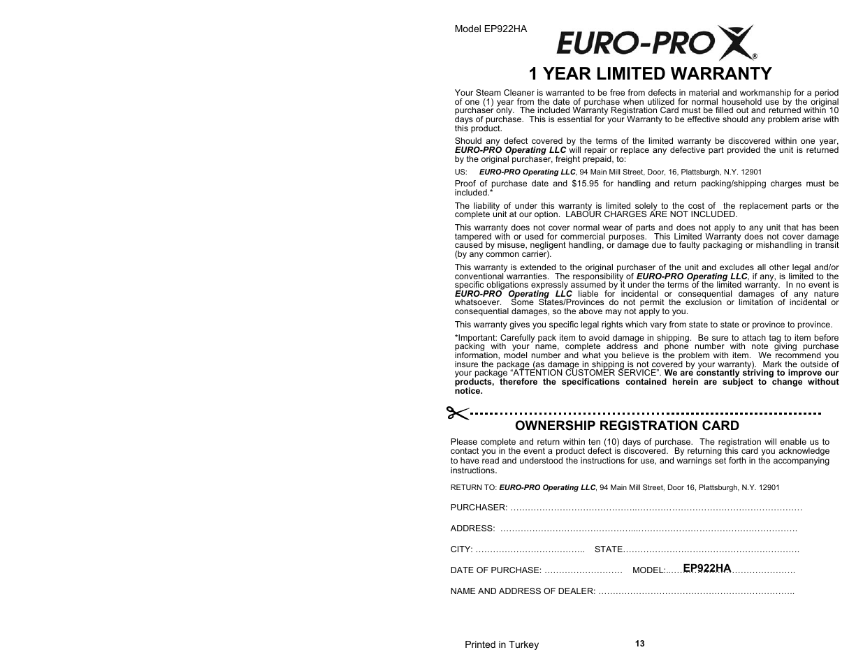 1 year limited warranty, Ownership registration card | Euro-Pro EP922HA User Manual | Page 2 / 8