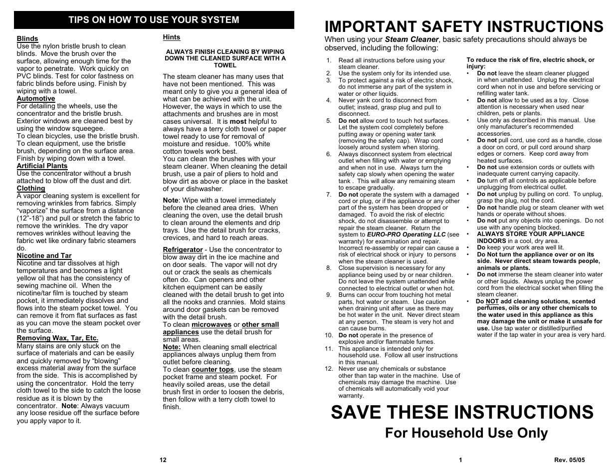 Save these instructions, Important safety instructions, For household use only | Tips on how to use your system | Euro-Pro EP922HA User Manual | Page 3 / 8