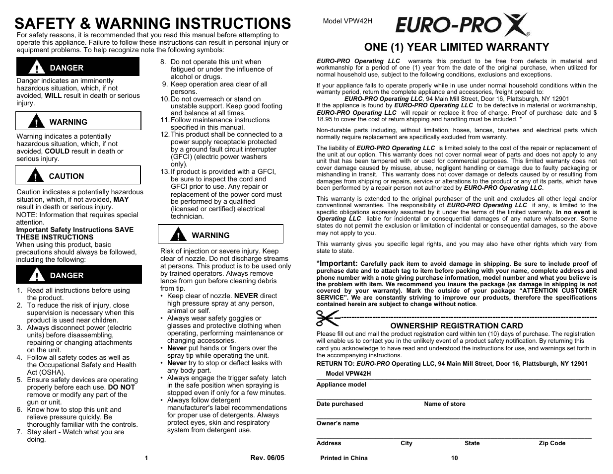 Safety & warning instructions, One (1) year limited warranty | Euro-Pro X VPW42H User Manual | Page 2 / 6