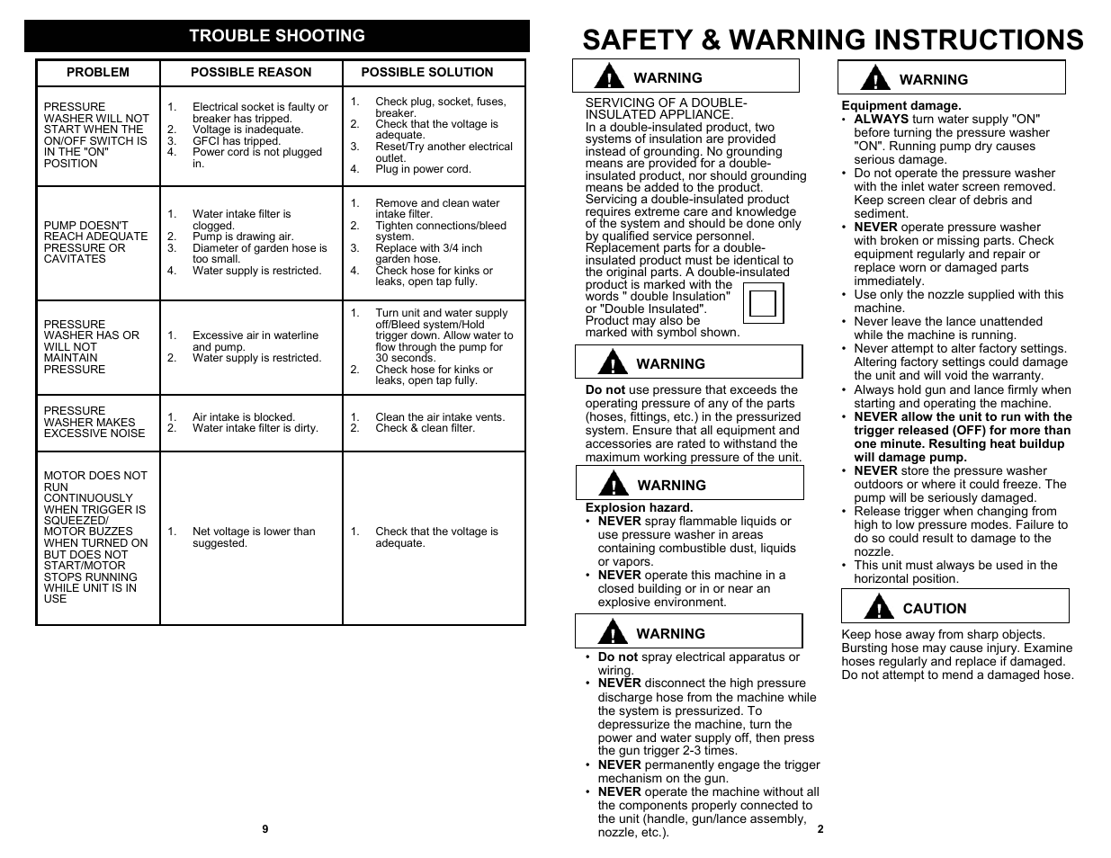 Safety & warning instructions, Trouble shooting | Euro-Pro X VPW42H User Manual | Page 3 / 6