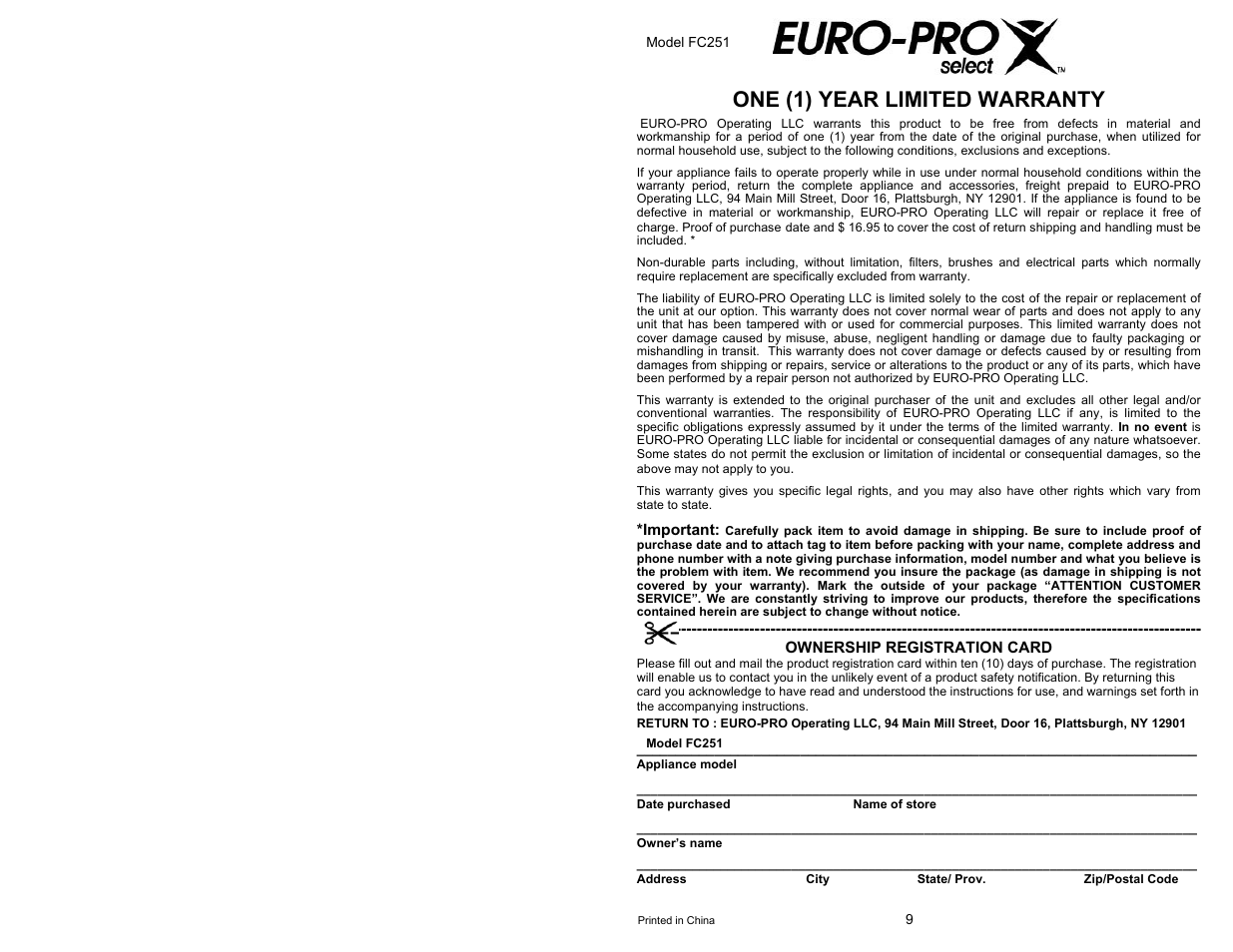 One (1) year limited warranty | Euro-Pro FC251 User Manual | Page 2 / 6