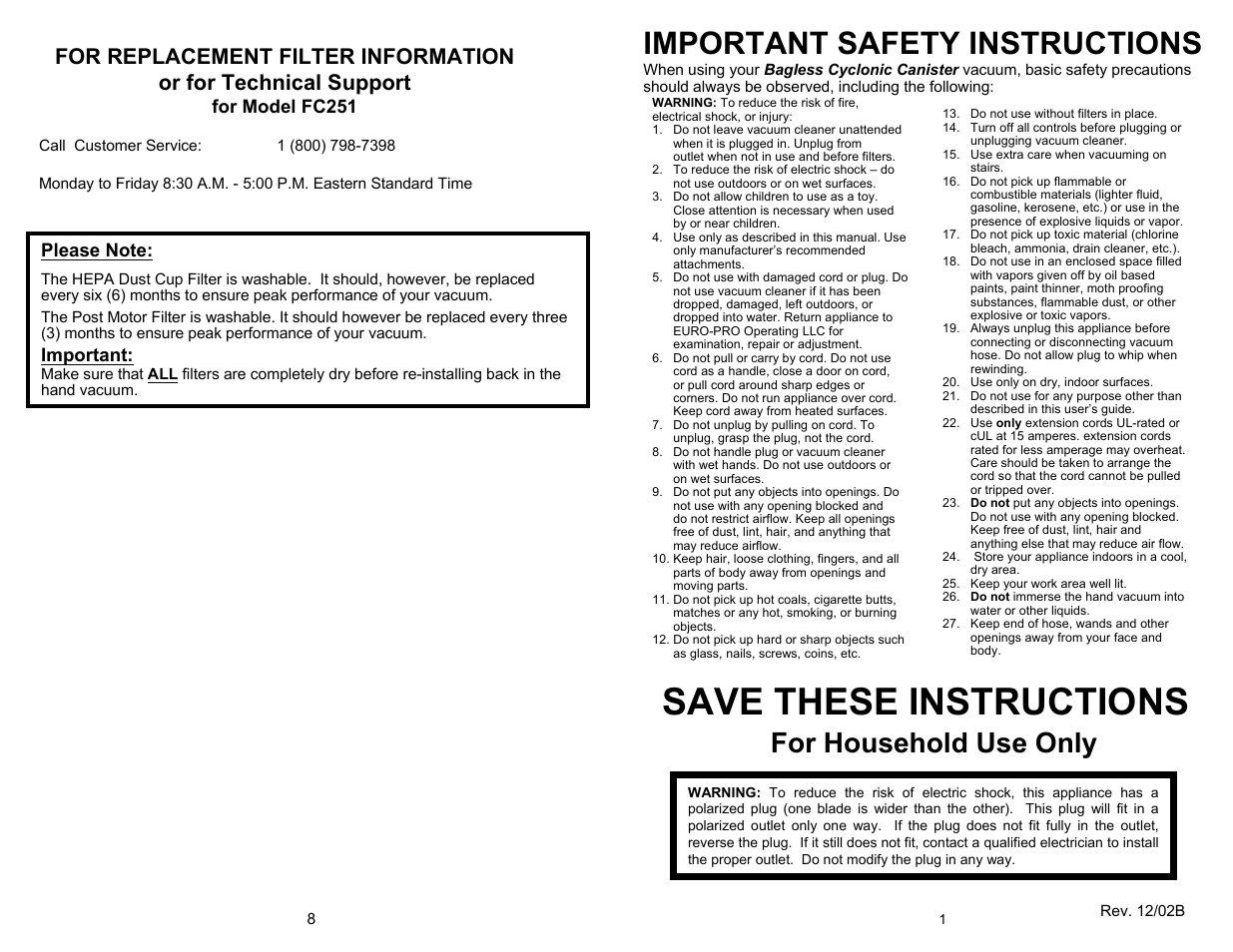 Save these instructions, Important safety instructions, For household use only | For model fc251, Important | Euro-Pro FC251 User Manual | Page 3 / 6