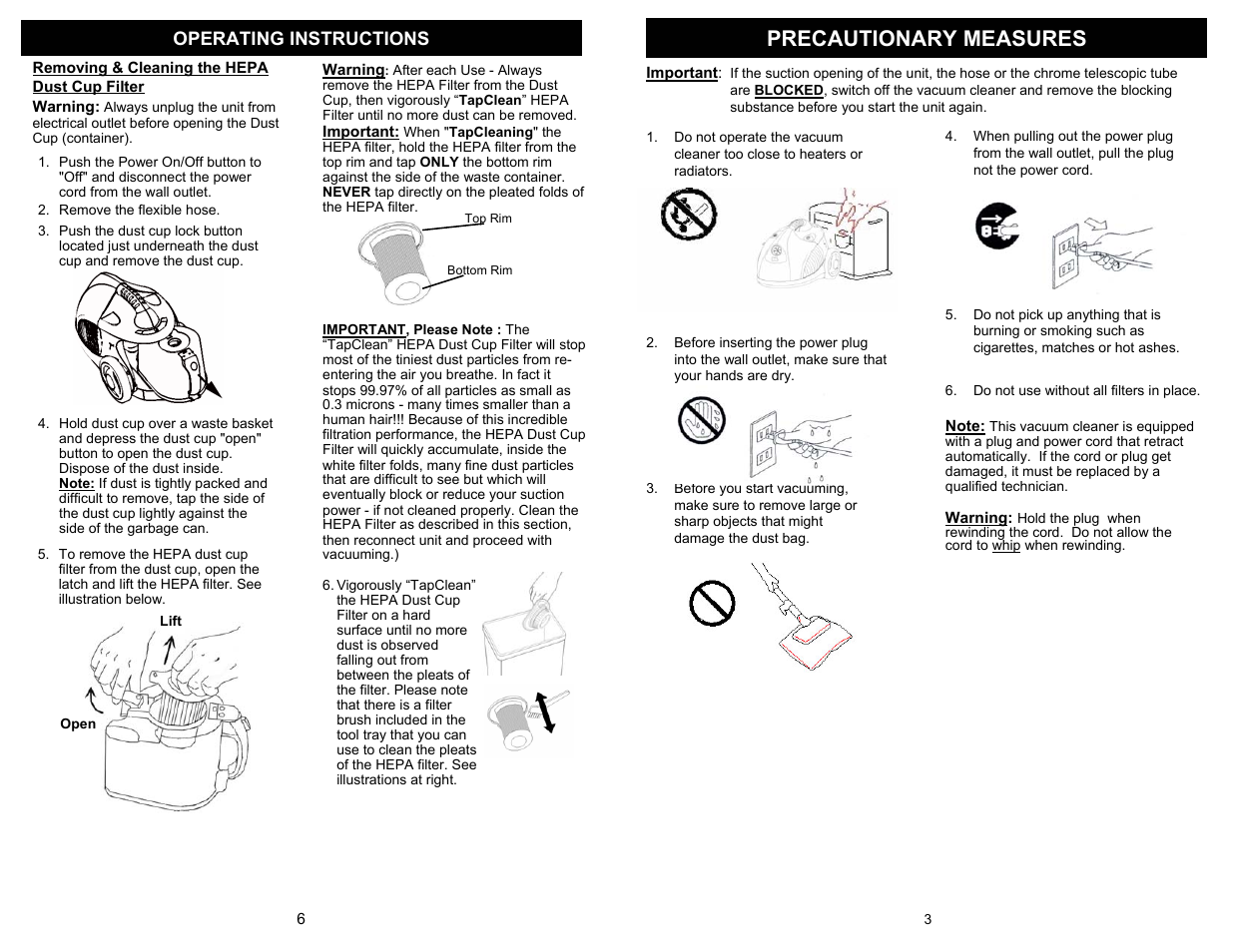 Precautionary measures, Operating instructions | Euro-Pro FC251 User Manual | Page 5 / 6