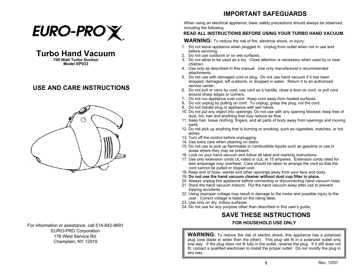 Euro-Pro EP033 User Manual | 4 pages