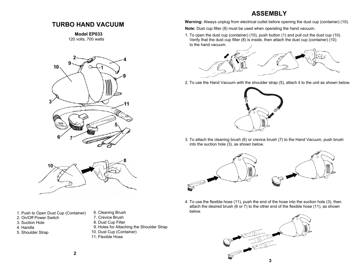Assembly, Turbo hand vacuum | Euro-Pro EP033 User Manual | Page 2 / 4