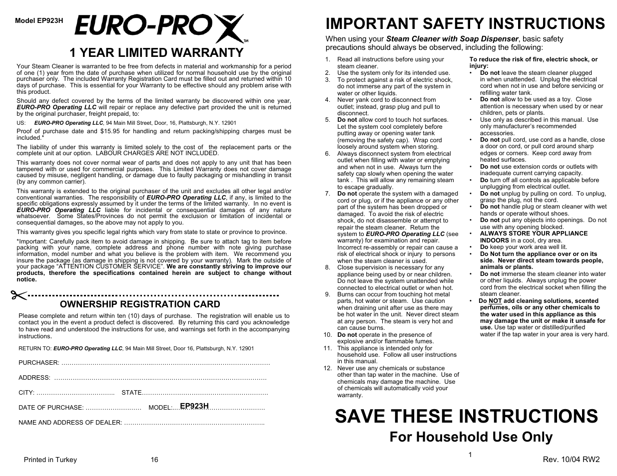 Save these instructions, Important safety instructions, For household use only | 1 year limited warranty, Ownership registration card | Euro-Pro SELECT EP923H User Manual | Page 3 / 10