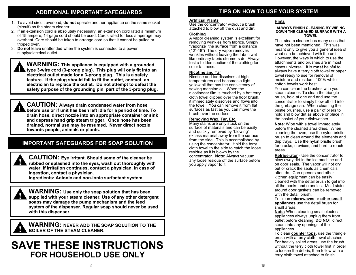 Save these instructions, For household use only, Warning | Caution | Euro-Pro SELECT EP923H User Manual | Page 4 / 10