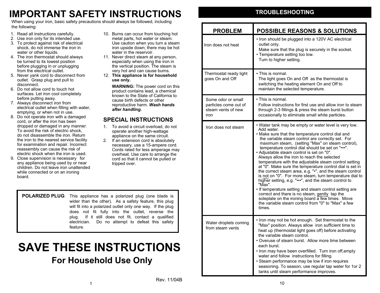 Save these instructions, Important safety instructions, For household use only | Troubleshooting, Problem possible reasons & solutions, Special instructions | Euro-Pro EP480CS User Manual | Page 2 / 6