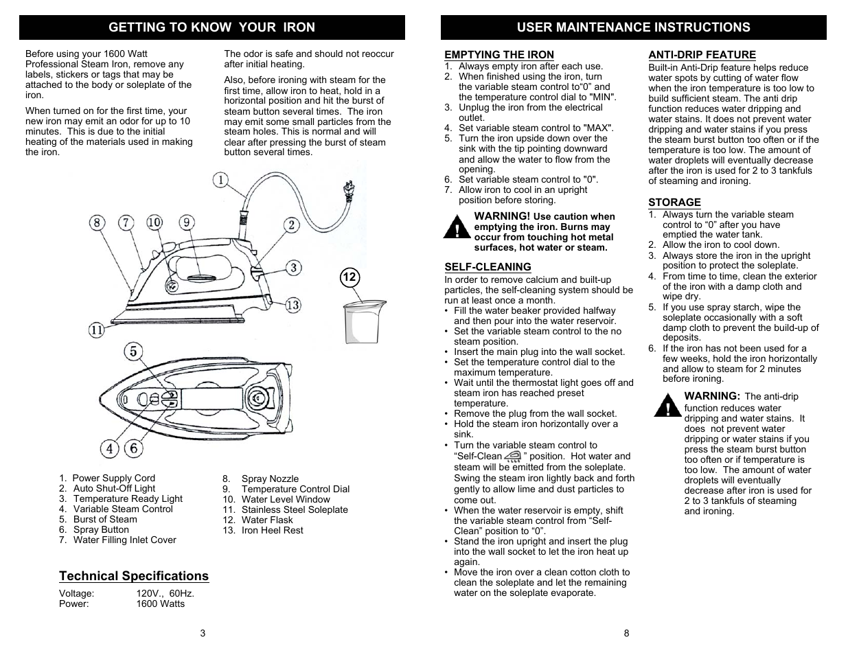 Technical specifications | Euro-Pro EP480CS User Manual | Page 4 / 6