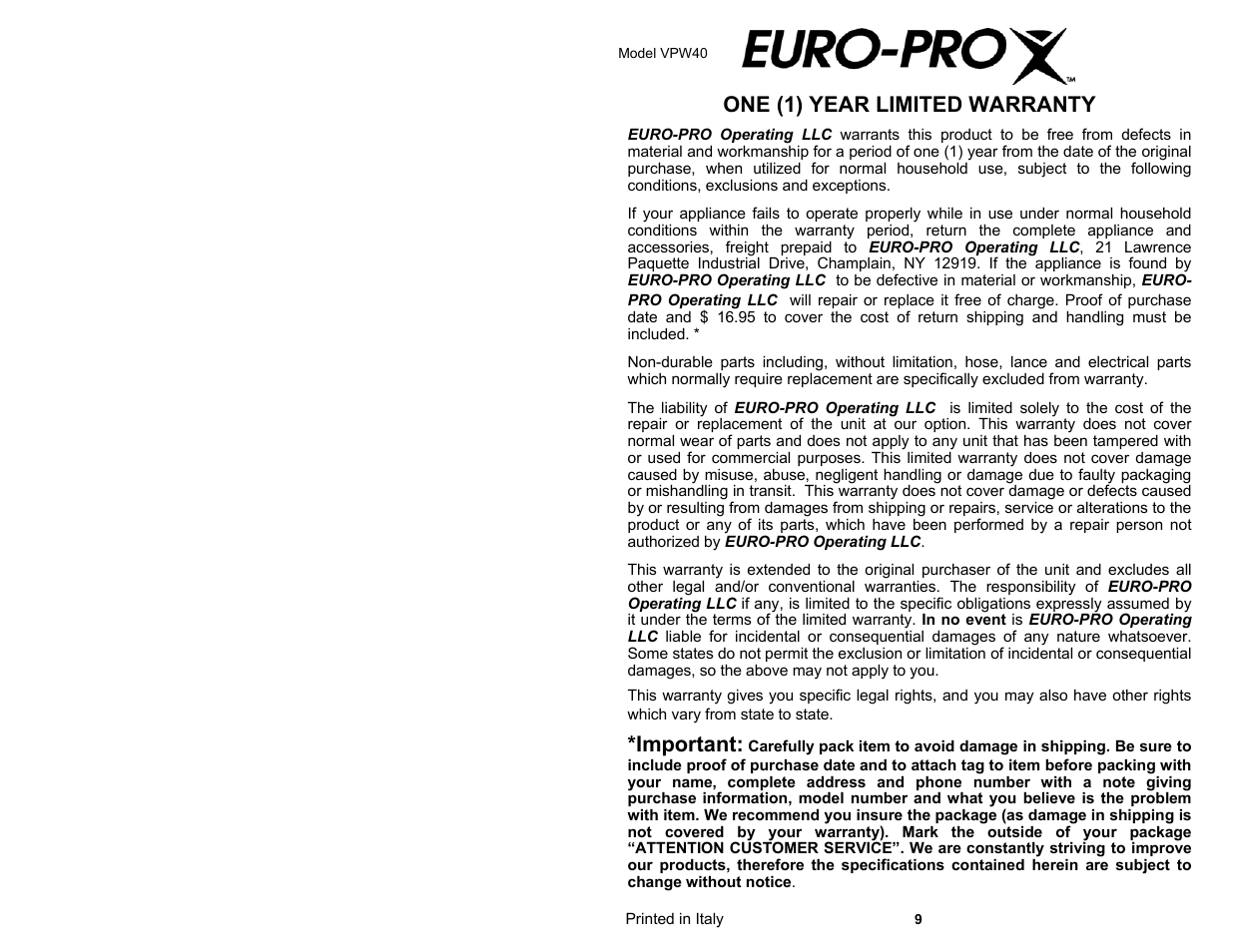 One (1) year limited warranty, Important | Euro-Pro VPW40 User Manual | Page 2 / 6