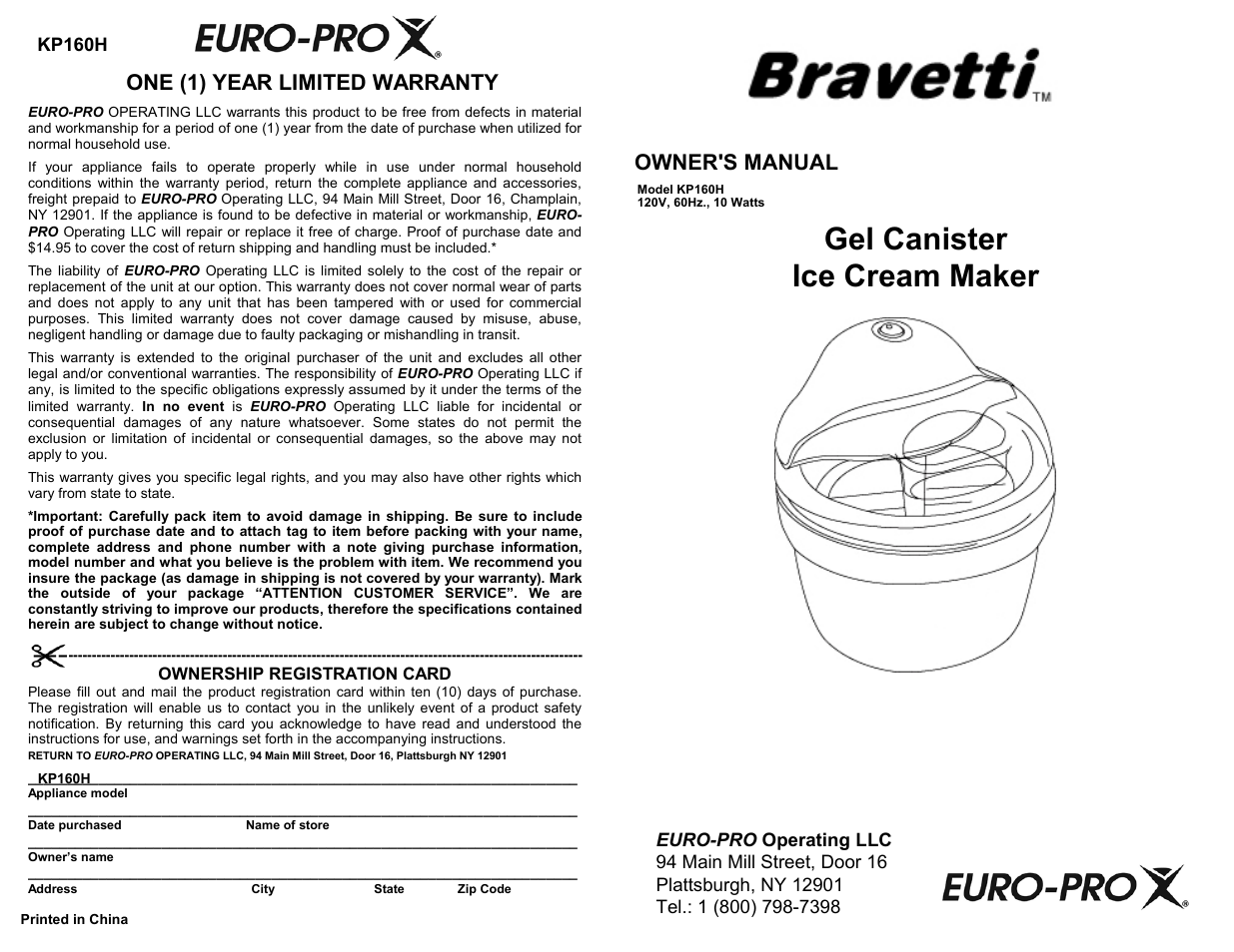 Euro-Pro BRAVETTI KP160H User Manual | 4 pages