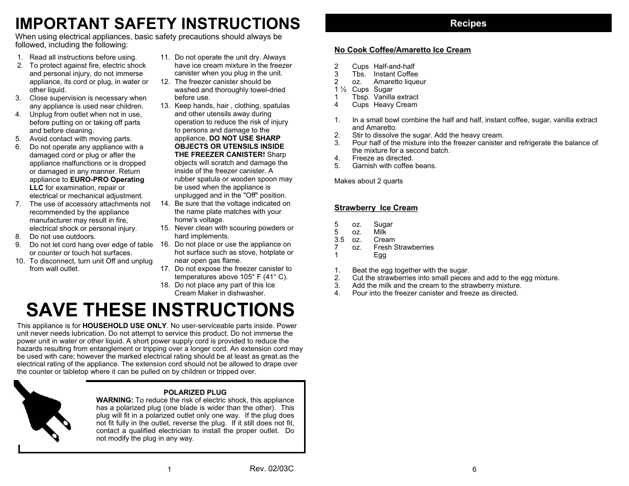 Save these instructions, Important safety instructions, Recipes | Euro-Pro BRAVETTI KP160H User Manual | Page 2 / 4