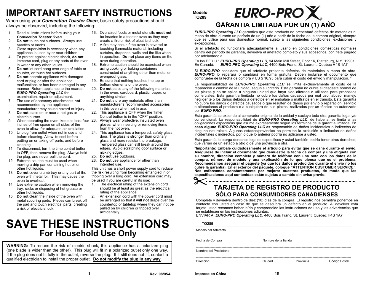 Save these instructions, Important safety instructions, For household use only | Tarjeta de registro de producto, Garantía limitada por un (1) año, Sólo para consumidores canadienses | Euro-Pro CONVECTION TOASTER OVEN User Manual | Page 2 / 10