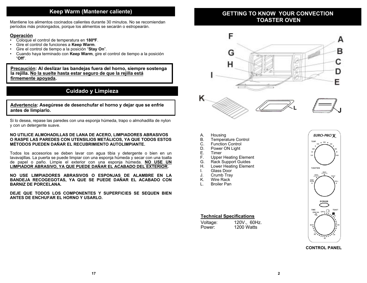 Cuidado y limpieza | Euro-Pro CONVECTION TOASTER OVEN User Manual | Page 3 / 10