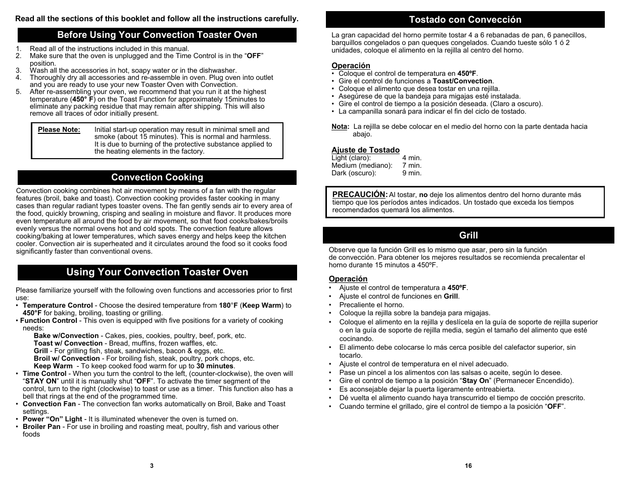 Using your convection toaster oven, Convection cooking, Grill | Euro-Pro CONVECTION TOASTER OVEN User Manual | Page 4 / 10