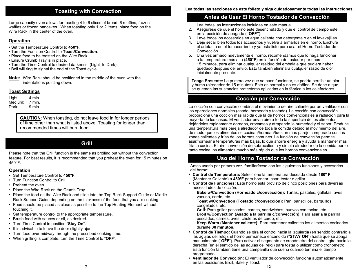 Uso del horno tostador de convección, Grill, Cocción por convección | Euro-Pro CONVECTION TOASTER OVEN User Manual | Page 8 / 10