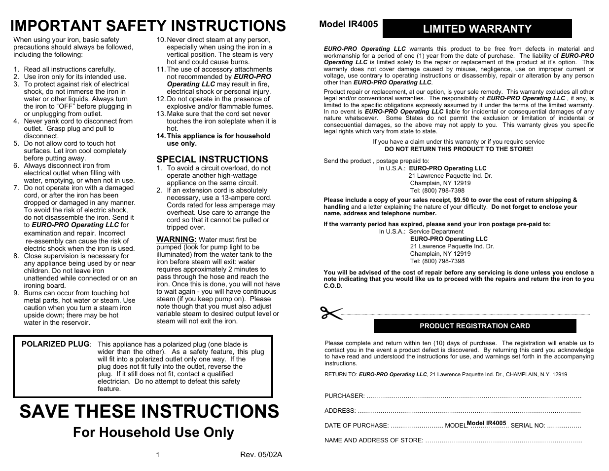 Save these instructions, Important safety instructions, For household use only | Limited warranty, Special instructions, Model ir4005 | Euro-Pro STEAM STATION IR4005 User Manual | Page 2 / 6