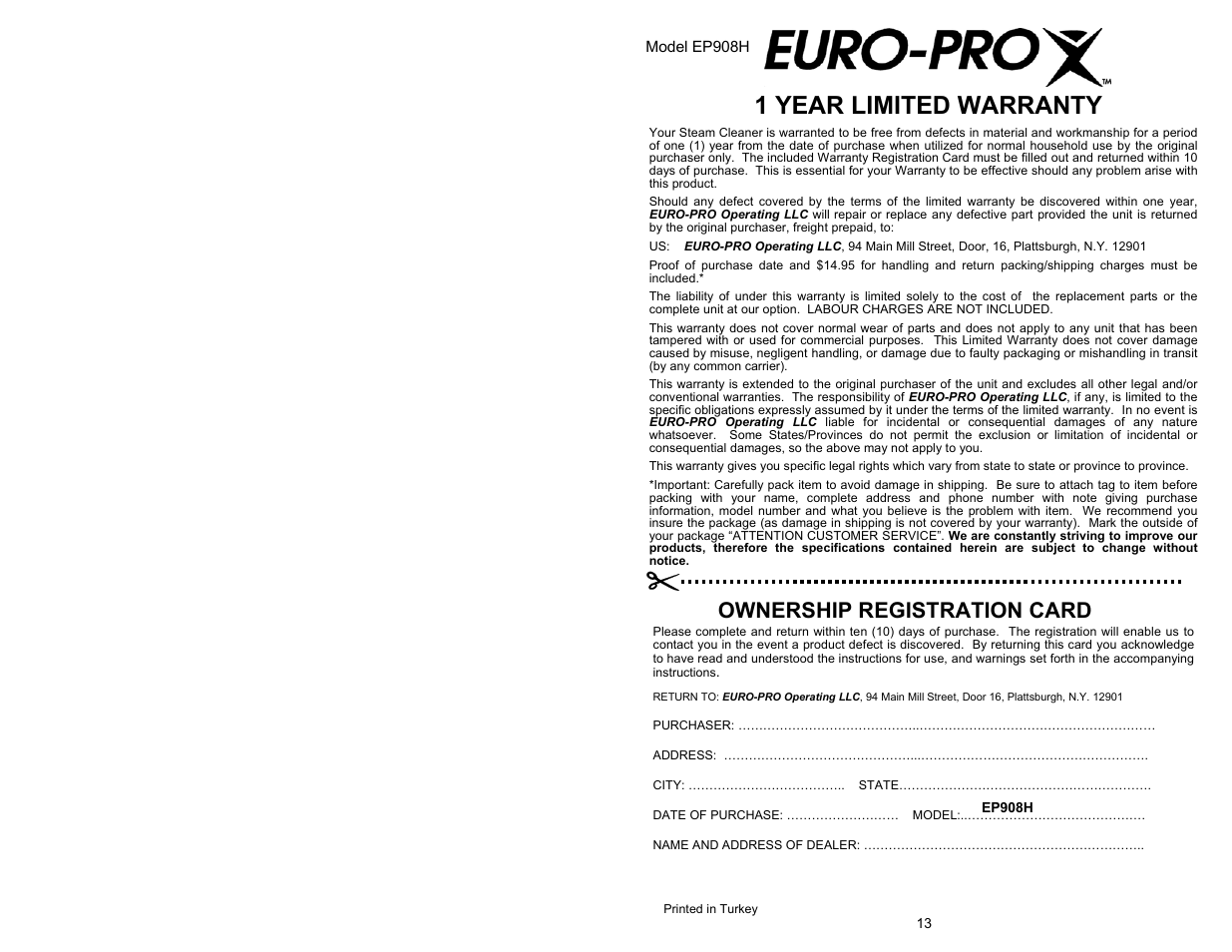 1 year limited warranty, Ownership registration card | Euro-Pro EP908H User Manual | Page 2 / 8