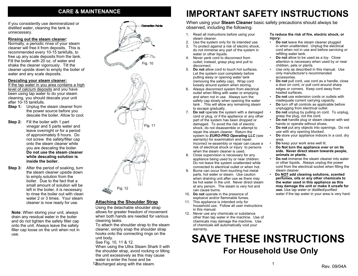 Save these instructions, Important safety instructions, For household use only | Care & maintenance | Euro-Pro EP908H User Manual | Page 3 / 8