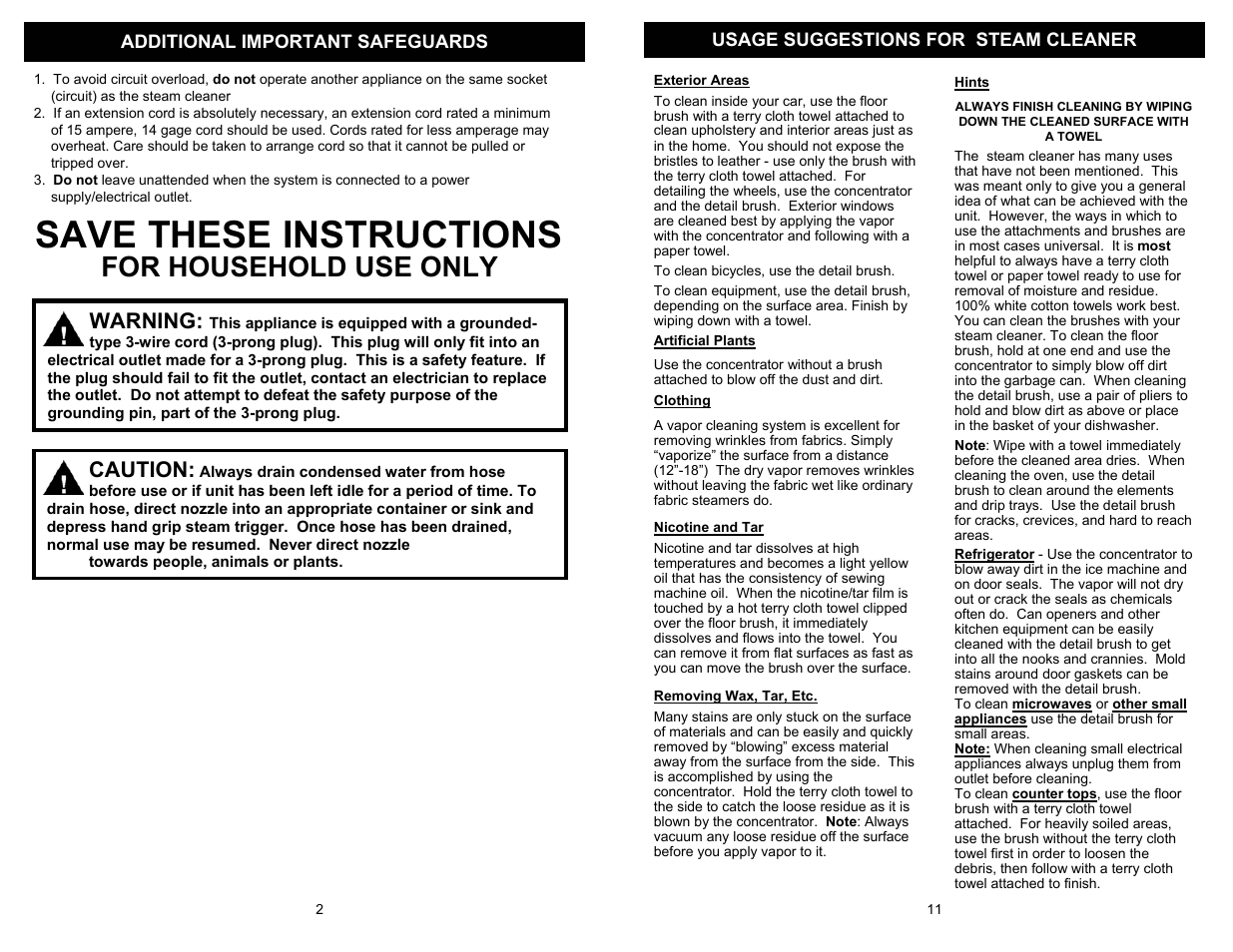 Save these instructions, For household use only, Warning | Caution | Euro-Pro EP908H User Manual | Page 4 / 8