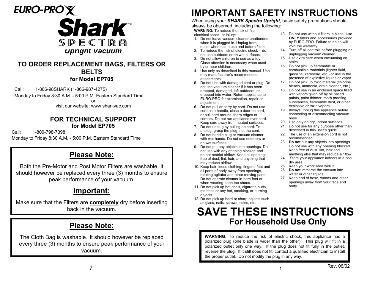 Save these instructions, Important safety instructions, For household use only | Important, For technical support | Euro-Pro SHARK SPECTRA EP705 User Manual | Page 3 / 6