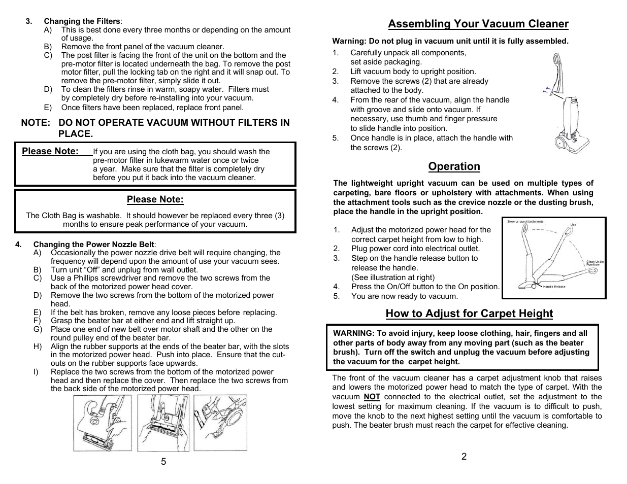Assembling your vacuum cleaner, Operation, How to adjust for carpet height | Euro-Pro SHARK SPECTRA EP705 User Manual | Page 5 / 6