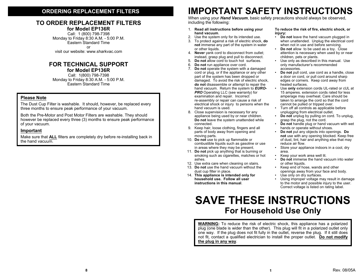 Save these instructions, Important safety instructions, For household use only | For technical support, Ordering replacement filters | Euro-Pro EP136R User Manual | Page 3 / 6