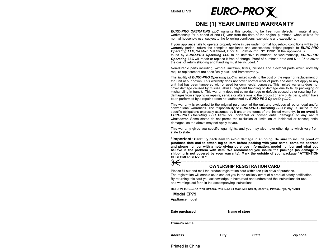 One (1) year limited warranty | Euro-Pro SHARK EP79 User Manual | Page 2 / 6