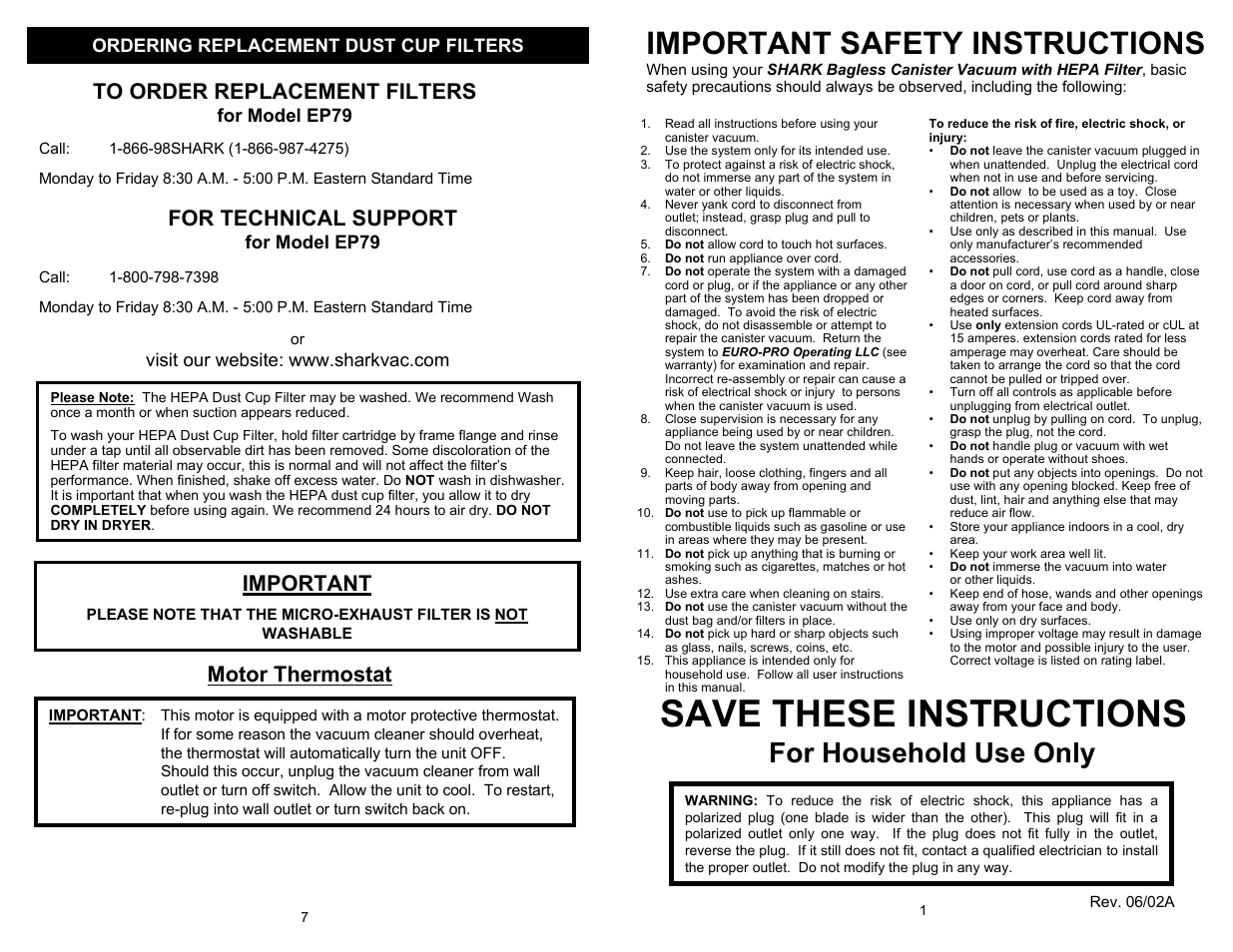 Save these instructions, Important safety instructions, For household use only | For technical support, Important, Motor thermostat, Ordering replacement dust cup filters, For model ep79 | Euro-Pro SHARK EP79 User Manual | Page 3 / 6