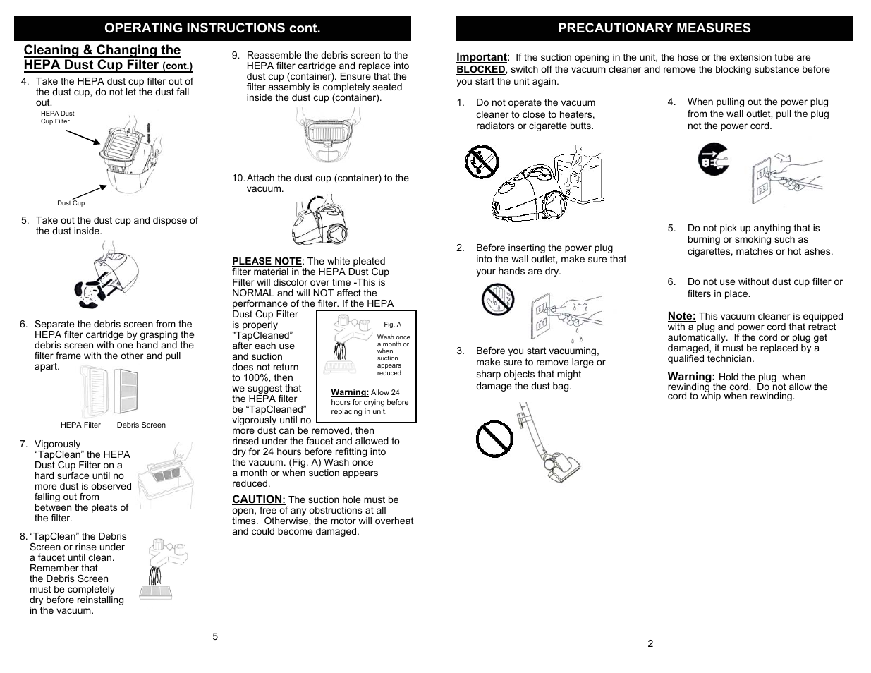 Cleaning & changing the hepa dust cup filter | Euro-Pro SHARK EP79 User Manual | Page 5 / 6