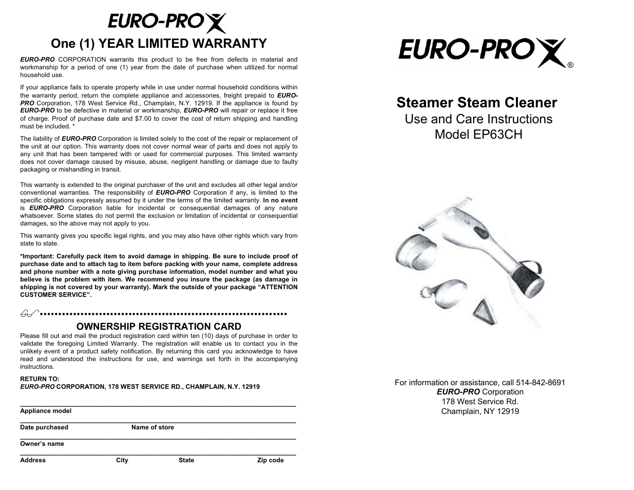 Euro-Pro STEAMER STEAM CLEANER EP63CH User Manual | 5 pages