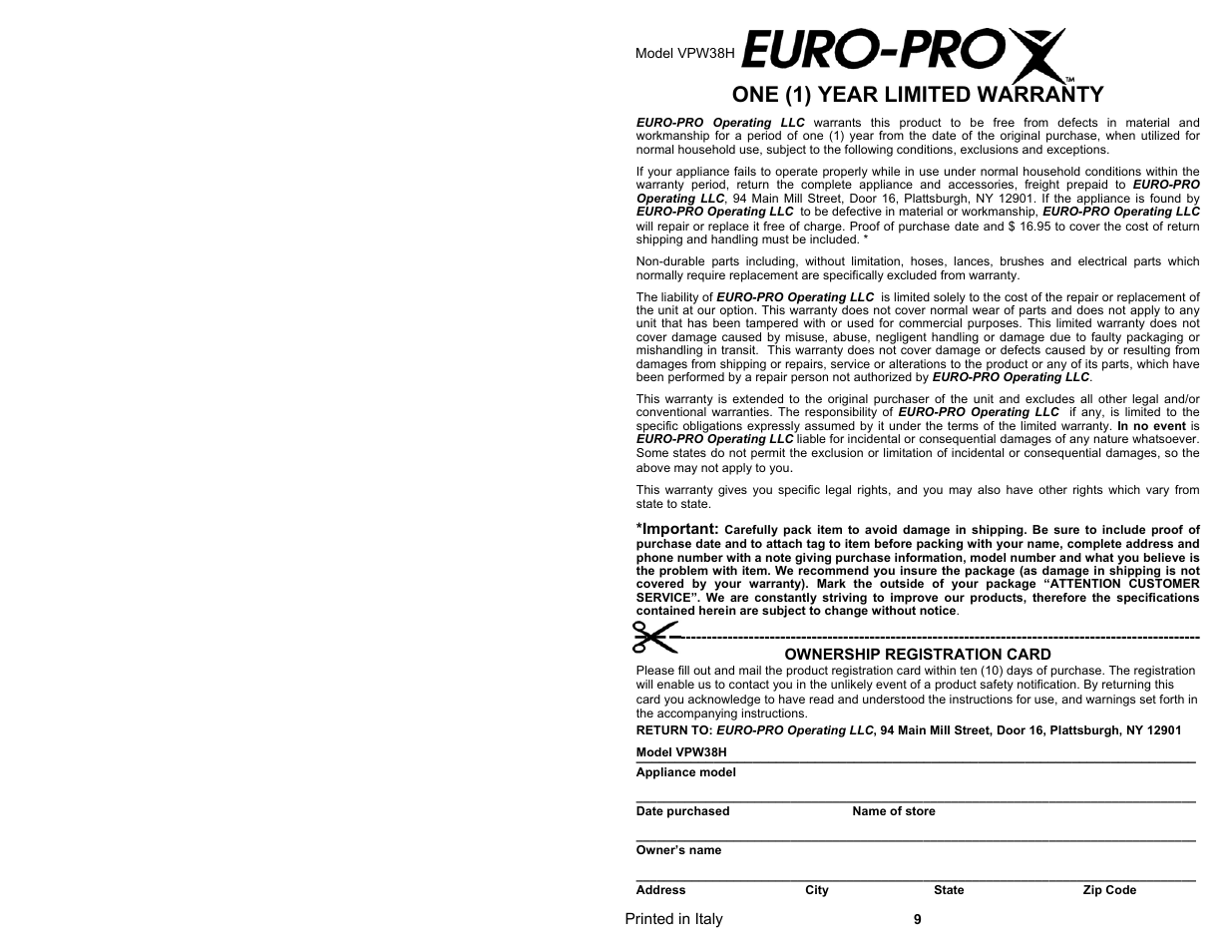 One (1) year limited warranty | Euro-Pro VPW38H User Manual | Page 2 / 6