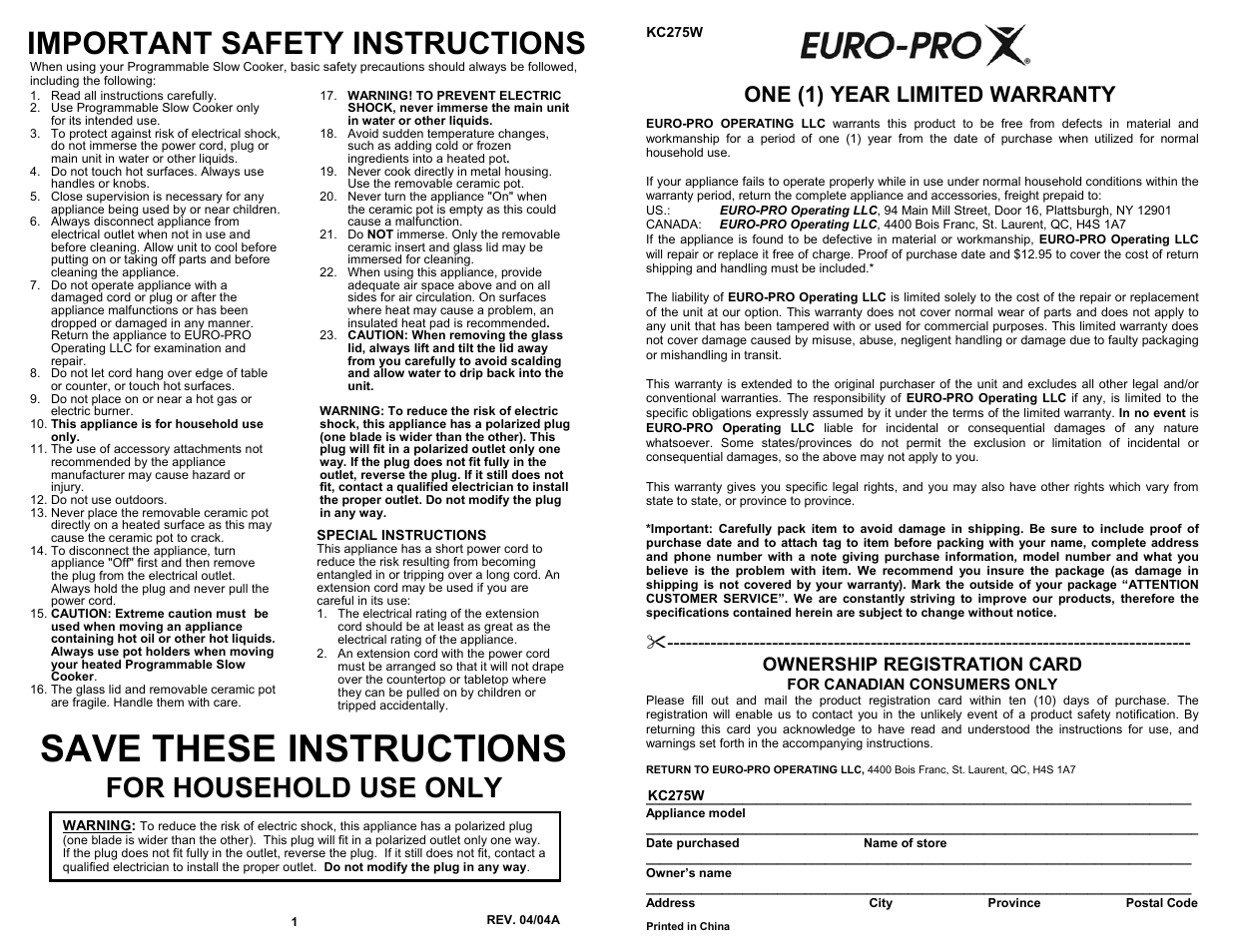 Save these instructions, Important safety instructions, For household use only | One (1) year limited warranty, Ownership registration card | Euro-Pro KC275W User Manual | Page 2 / 8