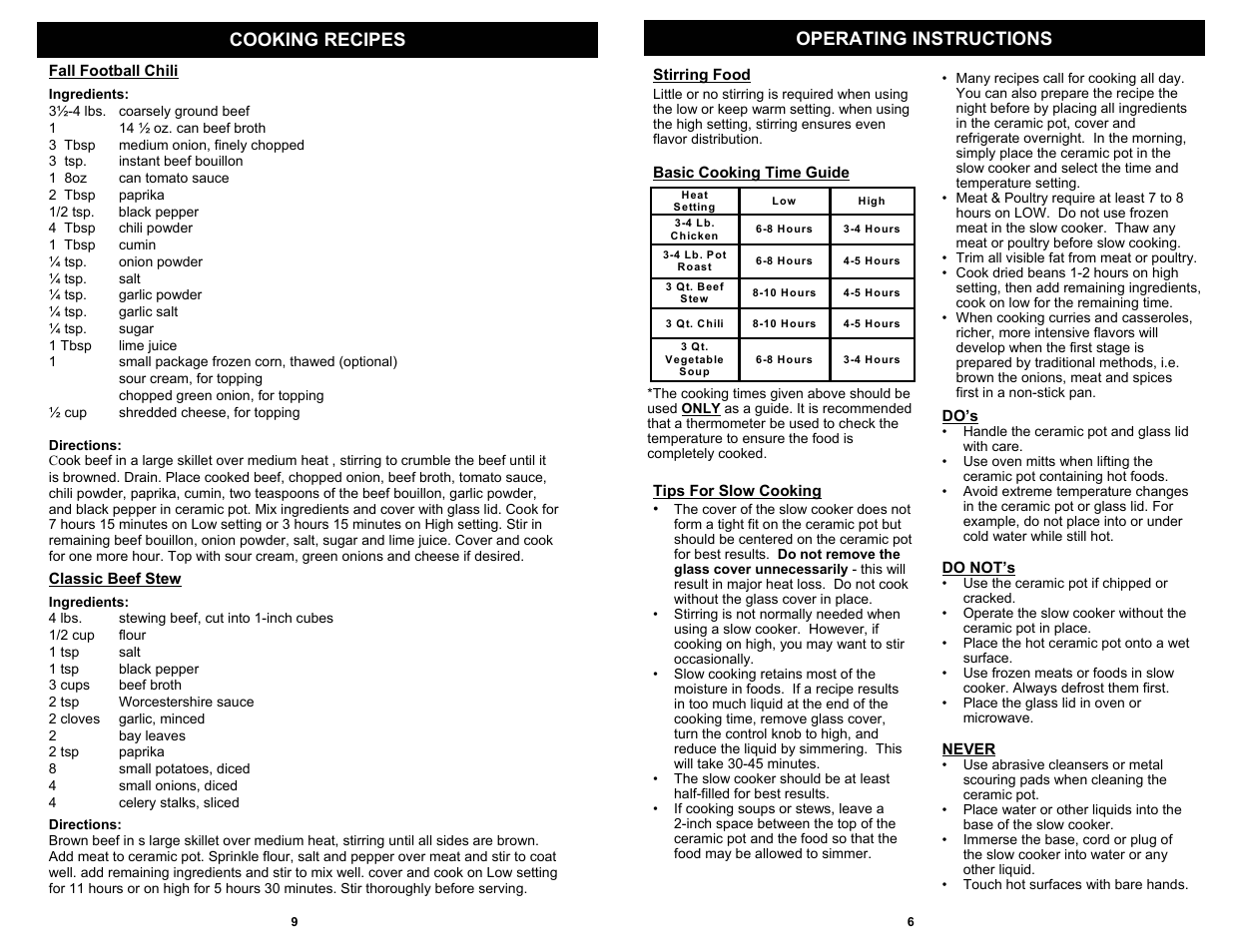 Operating instructions cooking recipes | Euro-Pro KC275W User Manual | Page 7 / 8