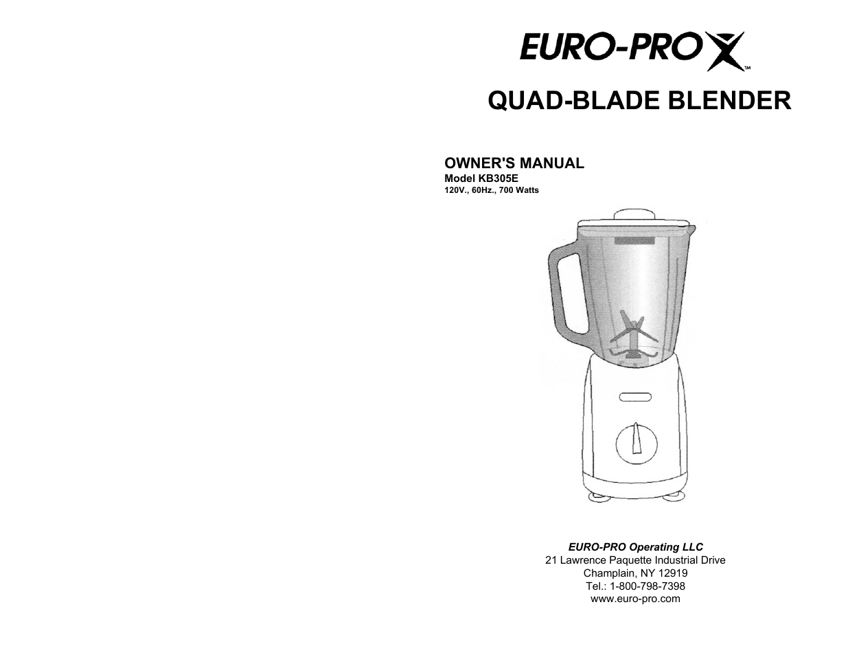 Euro-Pro QUAD-BLADE BLENDER KB305E User Manual | 4 pages